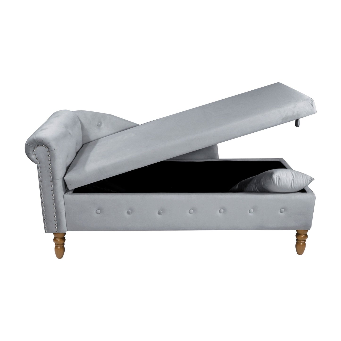 Chaise Lounge Indoor, Velvet Lounge Chair For Bedroom With Storage & Pillow, Modern Upholstered Rolled Arm Chase Lounge For Sleeping With Nailhead Trim For Living Room Bedroom Office - Gray