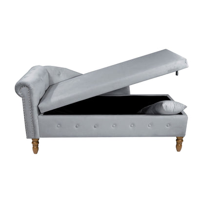 Chaise Lounge Indoor, Velvet Lounge Chair For Bedroom With Storage & Pillow, Modern Upholstered Rolled Arm Chase Lounge For Sleeping With Nailhead Trim For Living Room Bedroom Office - Gray