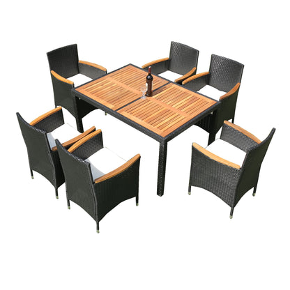 7 Piece Outdoor Patio Wicker Dining Set Patio Wicker Furniture Dining Set - Black / Cream
