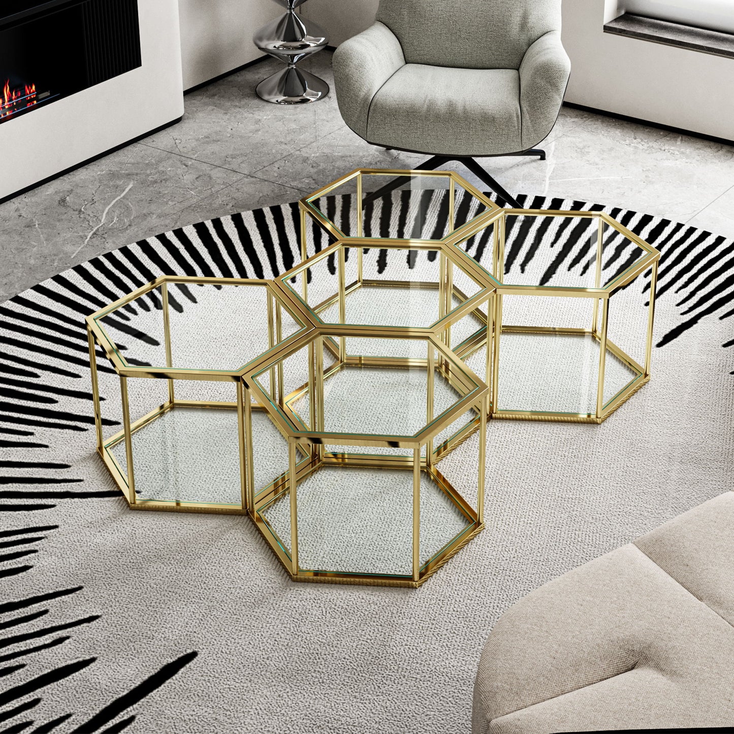 Modern Stainless Steel Coffee Table With Double Layer Glass And Polygonal Design - Gold