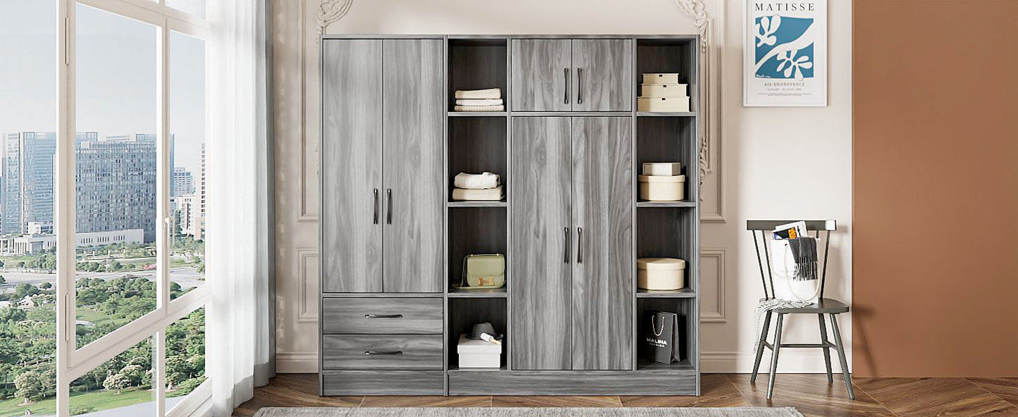 6 Door Wardrobe With Shelves And Drawers - Gray