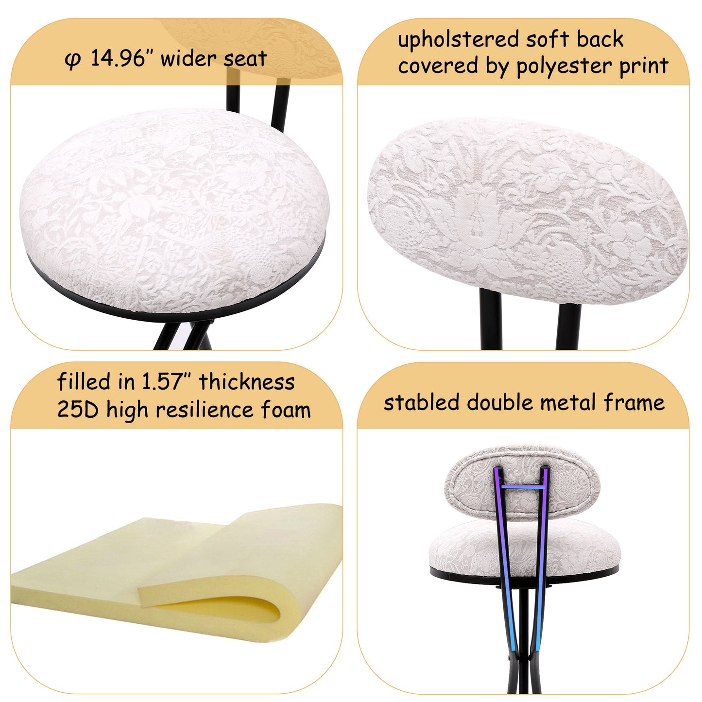 Round Print Bar Stools (Set of 2) Metal Upholstered Chairs For Kitchen Island & Dining Rooms - Black & White Print