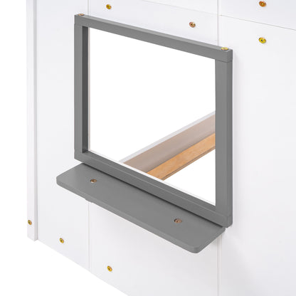 Twin Over Twin Bunk Bed & Roof, Window, Guardrail, Ladder - White