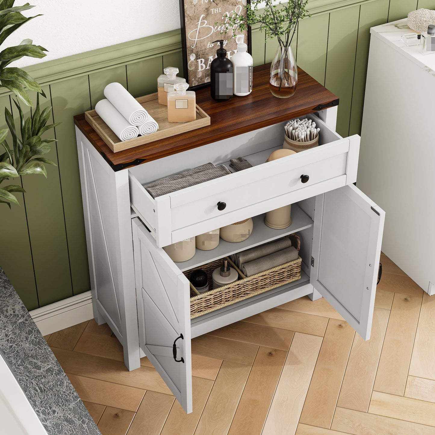 Farmhouse Storage Cabinet With Drawer And Adjustable Shelf Kitchen Cabinet With Walnut Countertop, Modern Coffee Bar Console Cabinet For Kitchen, Dining Room, Bathroom, Entryway - White