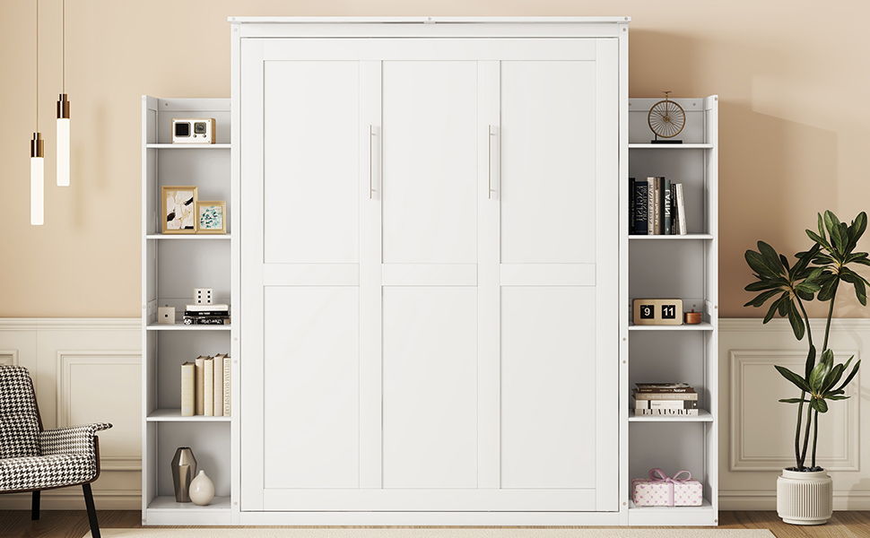 Queen Size Murphy Wall Bed With Shelves And LED Lights - White