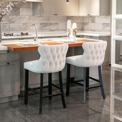 Contemporary Velvet Upholstered Wing-Back Barstools With Button Tufted Decoration And Wooden Legs, And Chrome Nailhead Trim, Leisure Style Bar Chairs, Bar Stools (Set of 4) - Beige