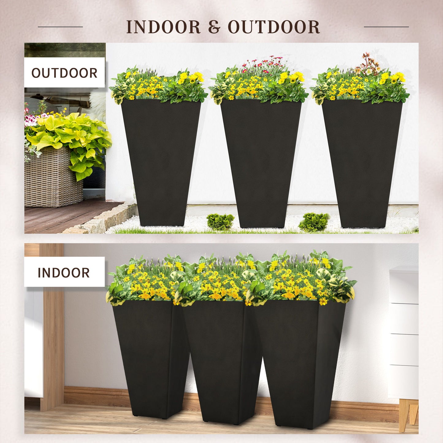 Outsunny - 28" Tall Planters With Drainage Hole (Set of 3), Outdoor Flower Pots, Indoor Planters For Porch Patio And Deck - Black