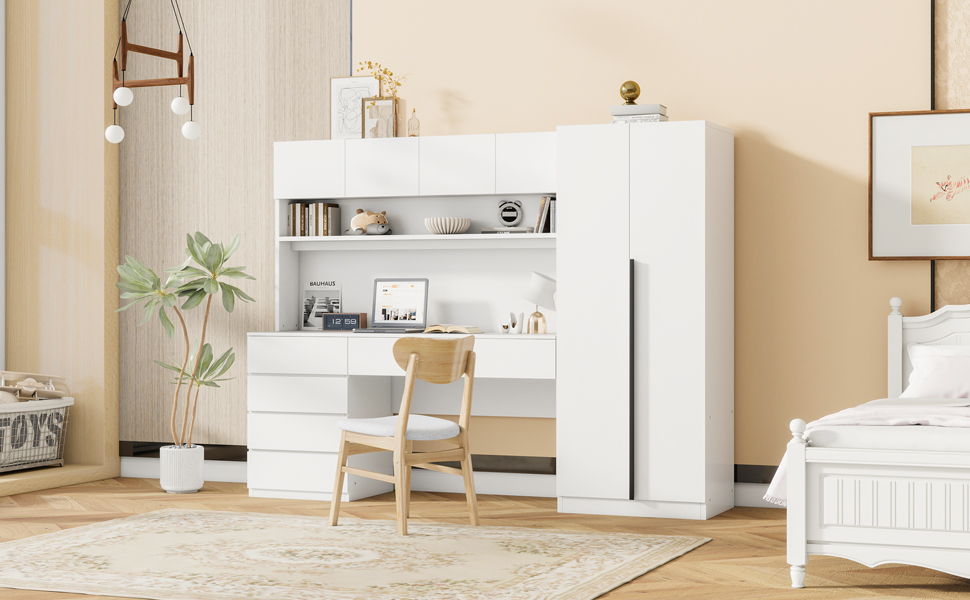 2 Door Storage Desk Wardrobe For Bedroom With Shelves And Drawers - White