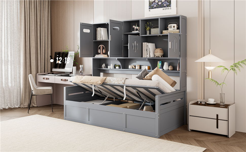 Twin Size Wooden Daybed With Hydraulic Bed And All In One Cabinet And Shelf - Gray