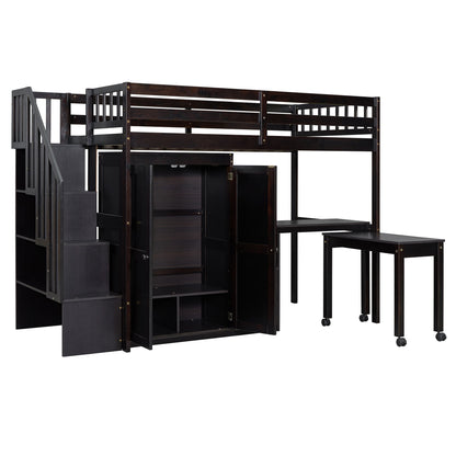 Twin Size Loft Bed With Stairs, Bookshelf, Drawers, Desk & Wardrobe, Space Saving Multifunctional Furniture - Espresso