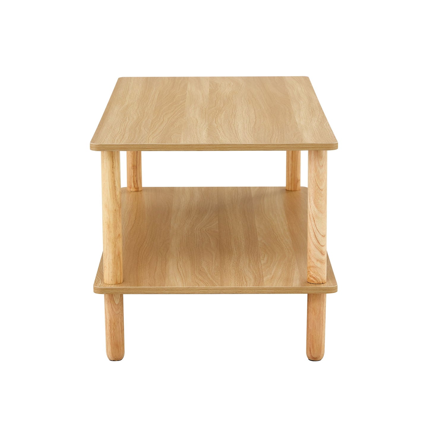 Modern 2 Tier Coffee Table For Living Room Furniture, Rectangular Center Table With Open Storage Shelf, Rounded Rubberwood Legs - Burly Wood