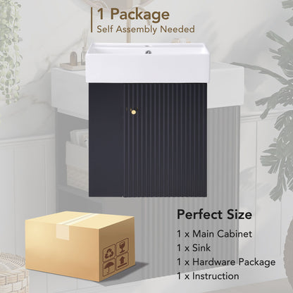 Modern Floating Bathroom Vanity With Ceramic Basin, Perfect For Small Bathrooms, Left Side Storage - Black