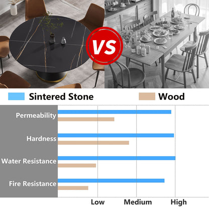 59.05" Modern Artificial Stone Round Black Carbon Steel Base Dining Table, Can Accommodate 6 People - Black