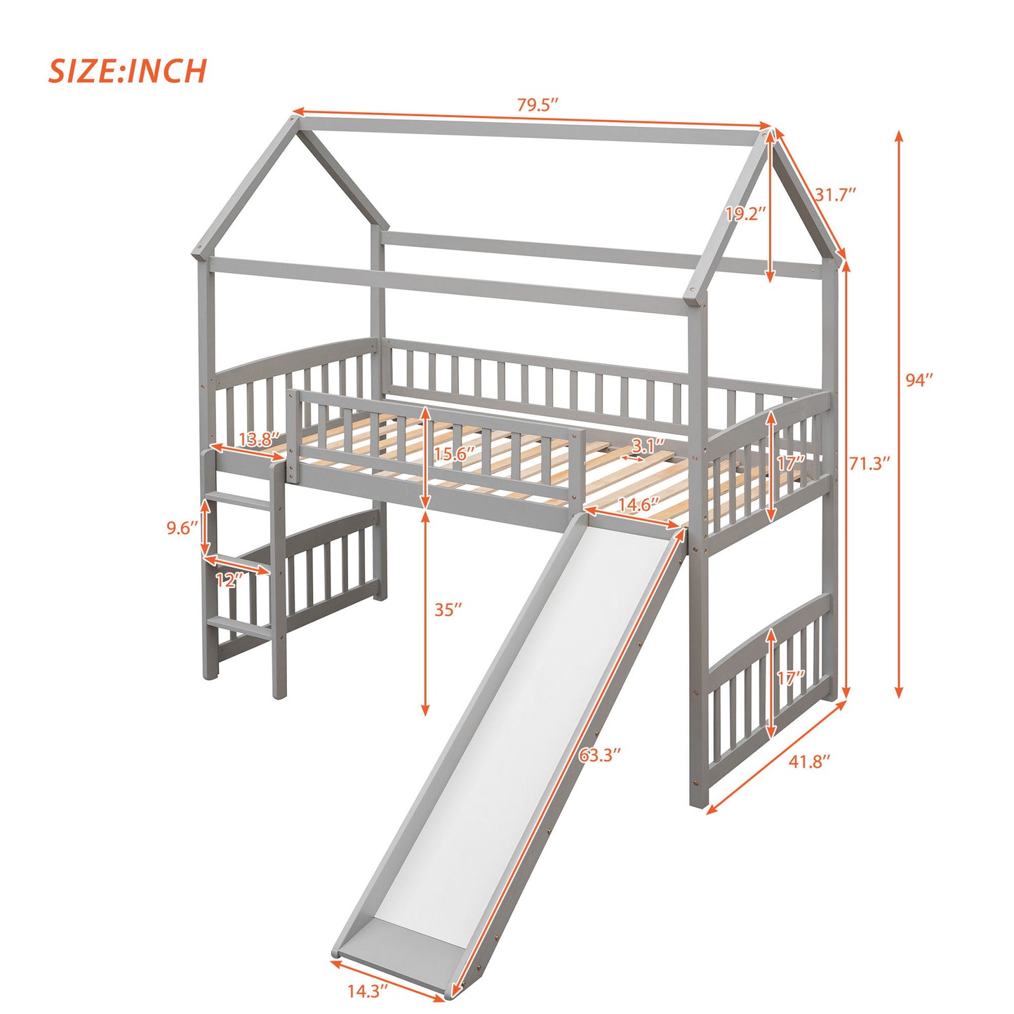 Twin House Loft Bed With Slide - Gray