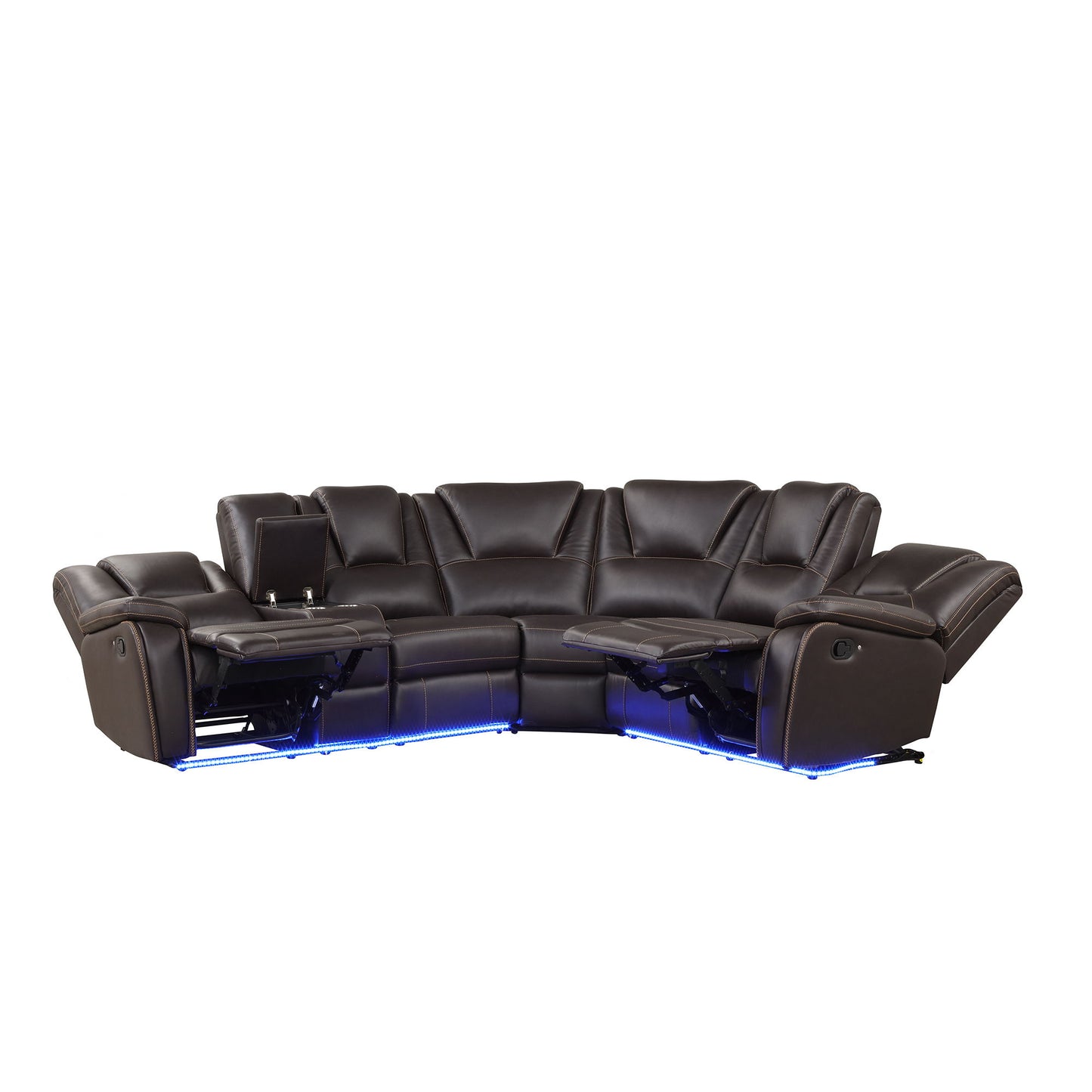 Modern Faux Leather Manual Reclining With Center Console And LED Light Strip, Living Room Furniture Set, Symmetrical Couch With 2 Cup Holders And Storage For Living Room - Brown