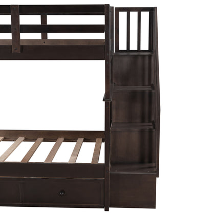 Stairway Twin Over Twin Bunk Bed With Three Drawers For Bedroom - Espresso