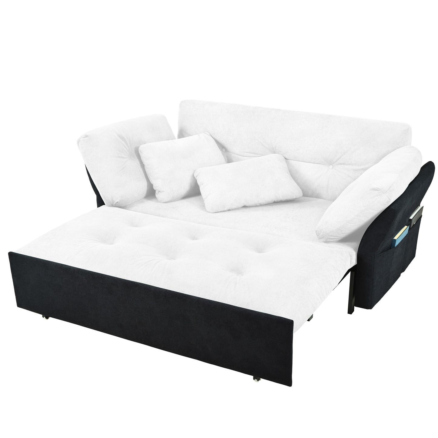 Modern Convertible Sleeper Sofa Bed With Pull Out Queen Design, Side Storage & Thick Cushions Chenille Loveseat For Living Room Or Bedroom 3 In 1 Function - - White