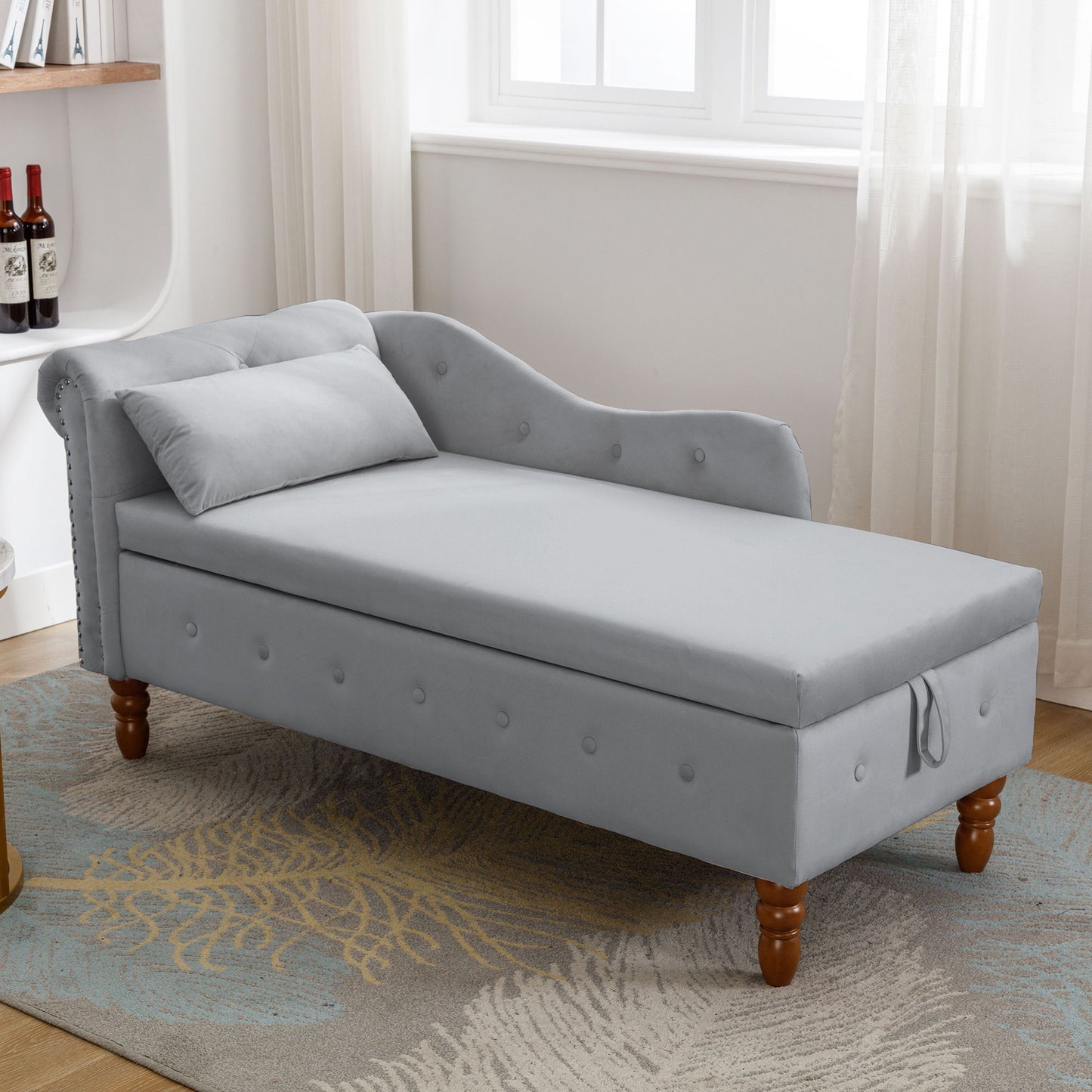 Chaise Lounge Indoor, Velvet Lounge Chair For Bedroom With Storage & Pillow, Modern Upholstered Rolled Arm Chase Lounge For Sleeping With Nailhead Trim For Living Room Bedroom Office - Gray
