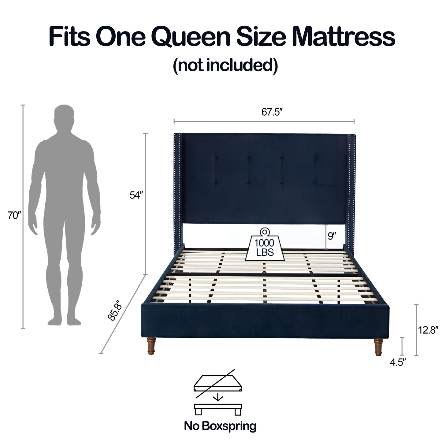 Peyton - Queen Bed Upholstered With High Headboard, Traditional Hand Buttoned Tufting - Blue