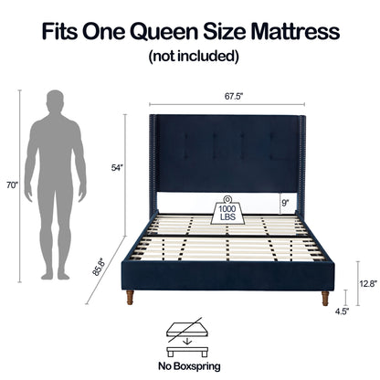 Peyton - Queen Bed Upholstered With High Headboard, Traditional Hand Buttoned Tufting - Blue