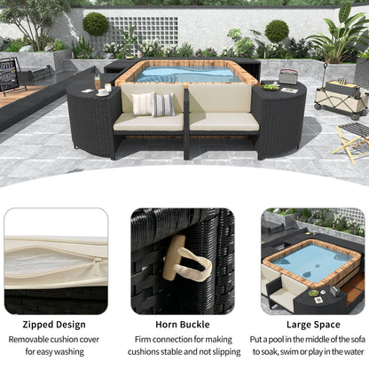 Spa Surround Spa Frame Quadrilateral Outdoor Rattan Sectional Sofa Set With Mini Sofa, Wooden Seats And Storage Spaces - Beige