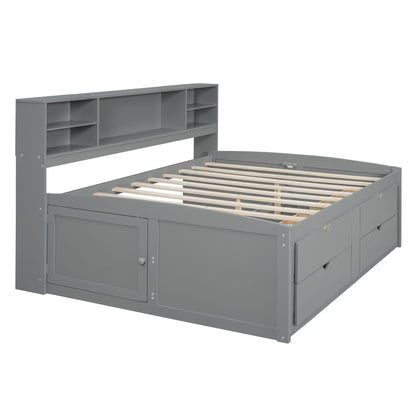 Full Size Daybed With 2 Bedside Cabinets, Upper Shelves And 4 Drawers - Gray