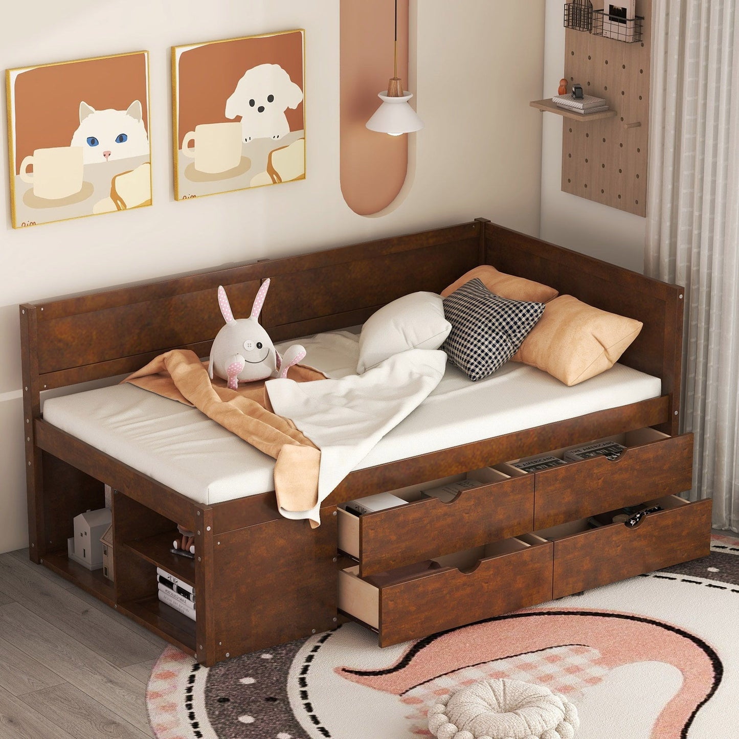 Twin Size Daybed With Drawers And Shelves - Walnut