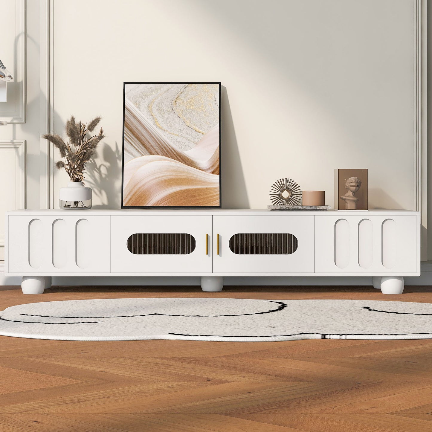 Modern TV Stand For TVs Up To 80", Entertainment Center With Glass Door, 2 Drawers And Cabinets, Wood TV Storage Cabinet With Solid Wood Legs And Metal Handles For Living Room - White