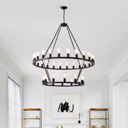 Extra Large Wagon Wheel Chandelier, 2 Tier 36 Lights (No Include) Farmhouse Industrial Round High Ceiling Pendant Light Adjustable Chain, For Dining Room, Living Room, Kitchen - Black