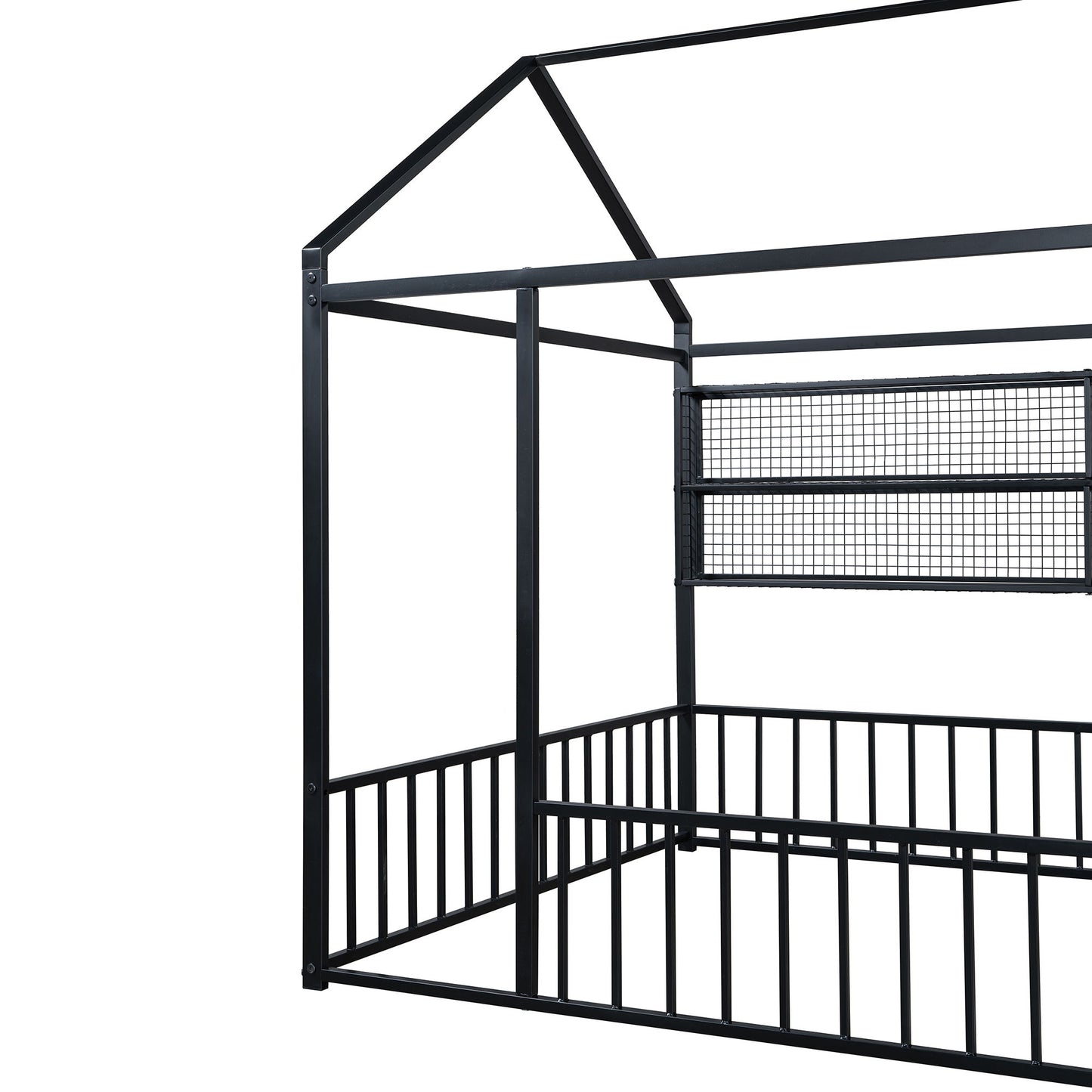 Full Size Bed House Frame With Fence And Shelves - Black