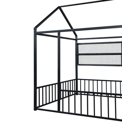 Full Size Bed House Frame With Fence And Shelves - Black