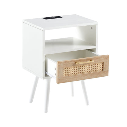 15.75" Rattan End Table With Power Outlet & USB Ports, Modern Nightstand With Drawer And Solid Wood Legs, Side Table For Living Room, Bedroom - White