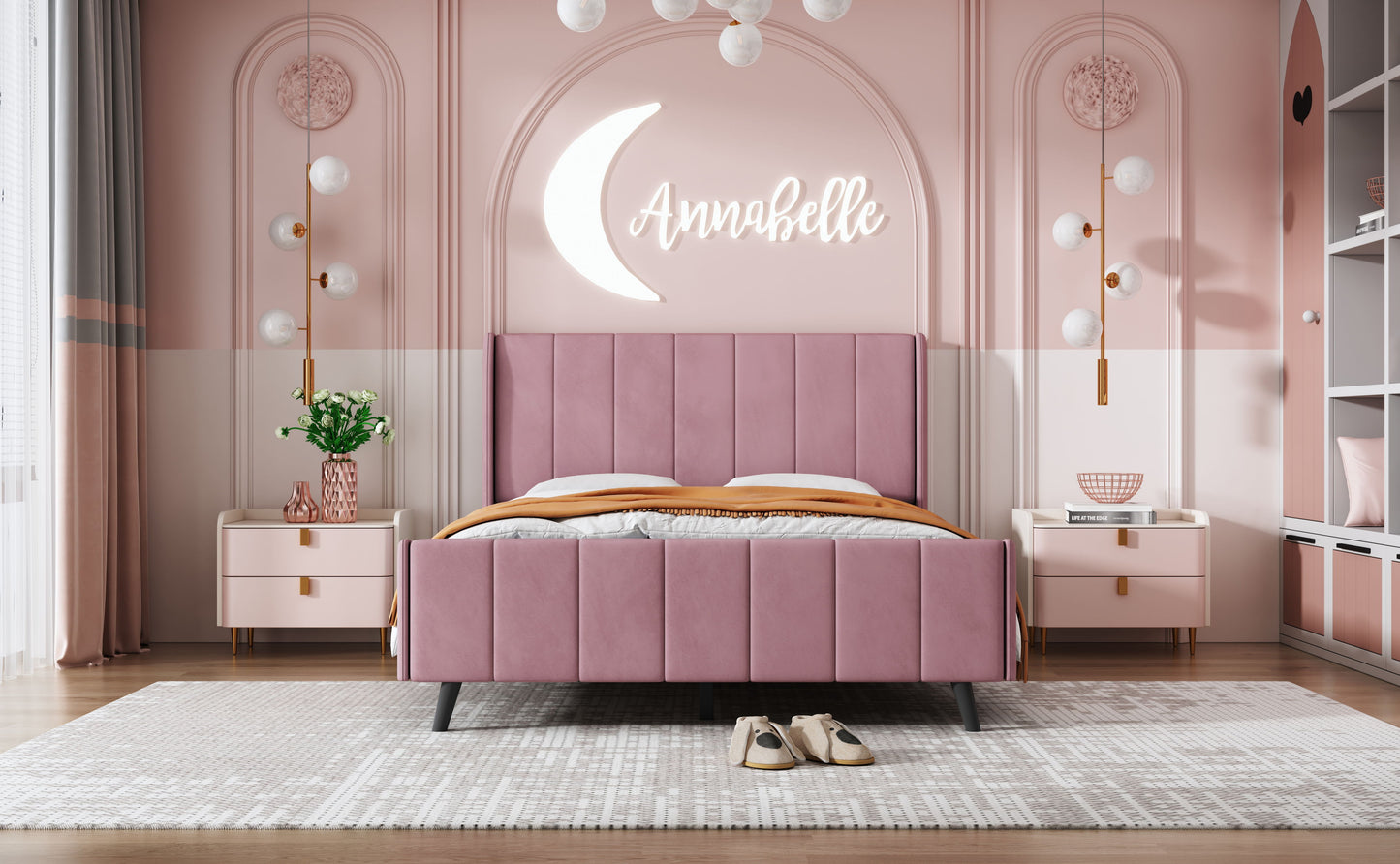 Full Size Upholstered Platform Bed - Pink