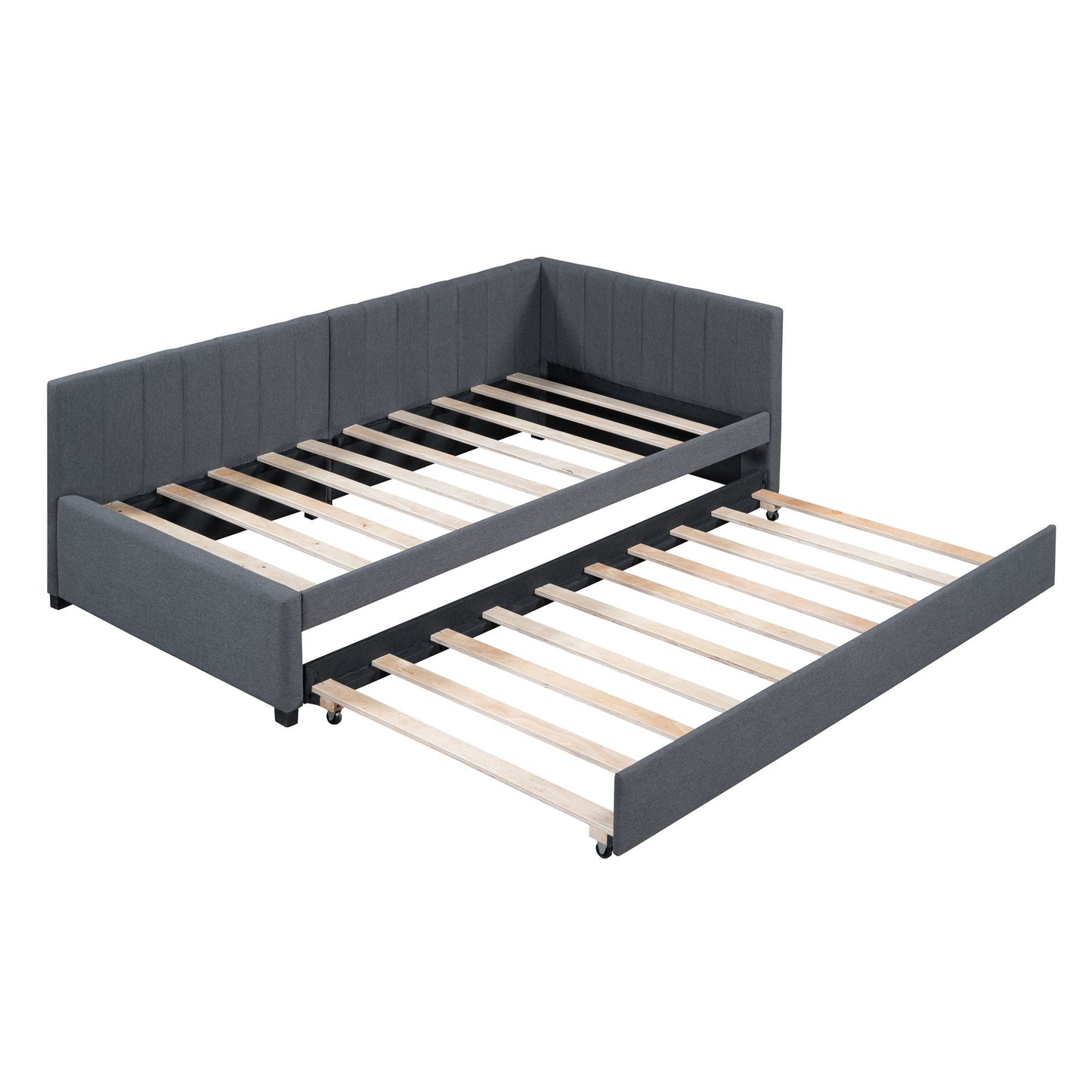 Upholstered Daybed With Trundle Twin Size Sofa Bed Frame No Box Spring Needed, Linen - Gray