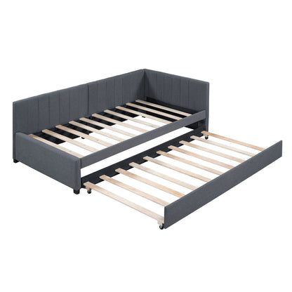 Upholstered Daybed With Trundle Twin Size Sofa Bed Frame No Box Spring Needed, Linen - Gray