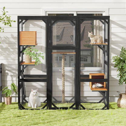Outdoor Cat House, Diy Cat Enclosure With Double Enter Doors - Black Brown
