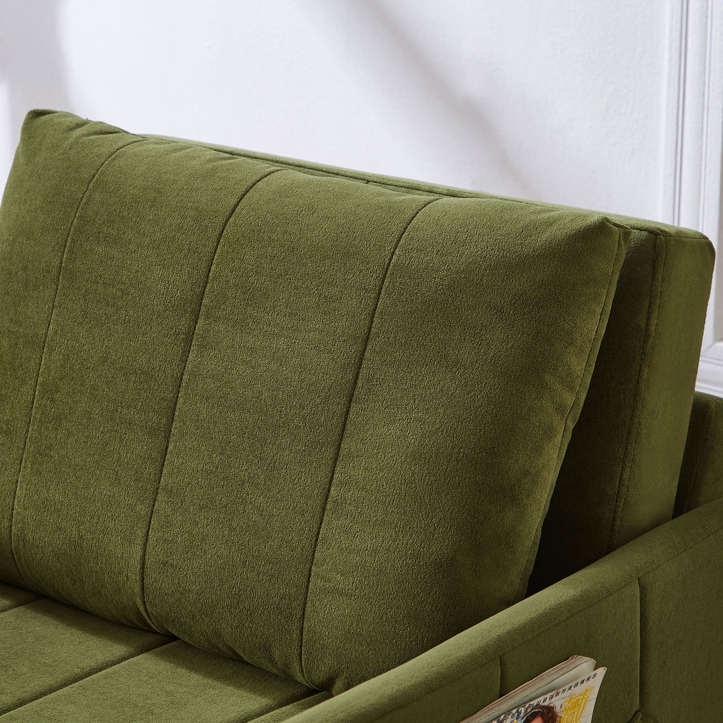 Upholstered Convertible Sleeper Sofa With Adjustable Backrest, Side Pockets, Storage Basket - Green