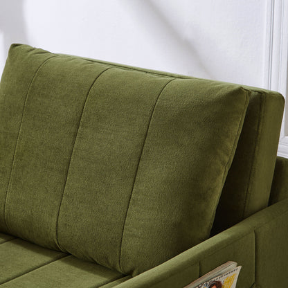 Upholstered Convertible Sleeper Sofa With Adjustable Backrest, Side Pockets, Storage Basket - Green