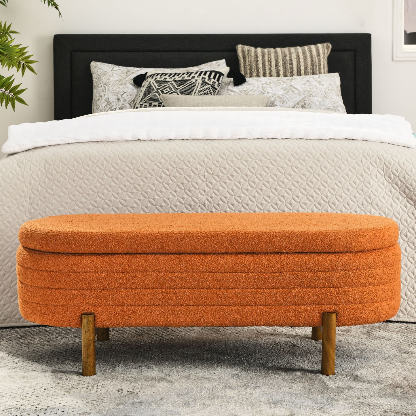 Stylish Ottoman Oval Storage Bench With Rubber Wood Legs - Orange