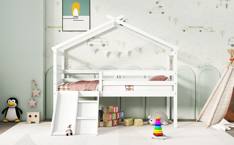 Twin Low Loft House Bed With Slide, Ladder, Safety Guardrails, House Roof Frame - White