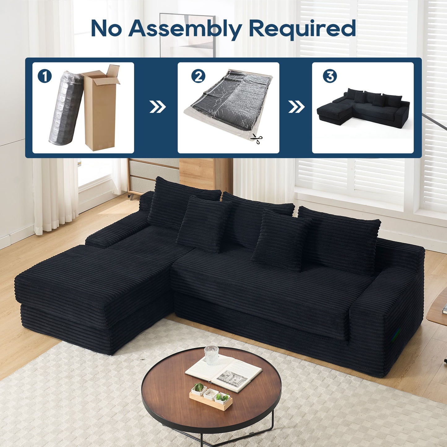 Modern L Shaped Sectional Couch With Memory Foam And Steel Frame - Black