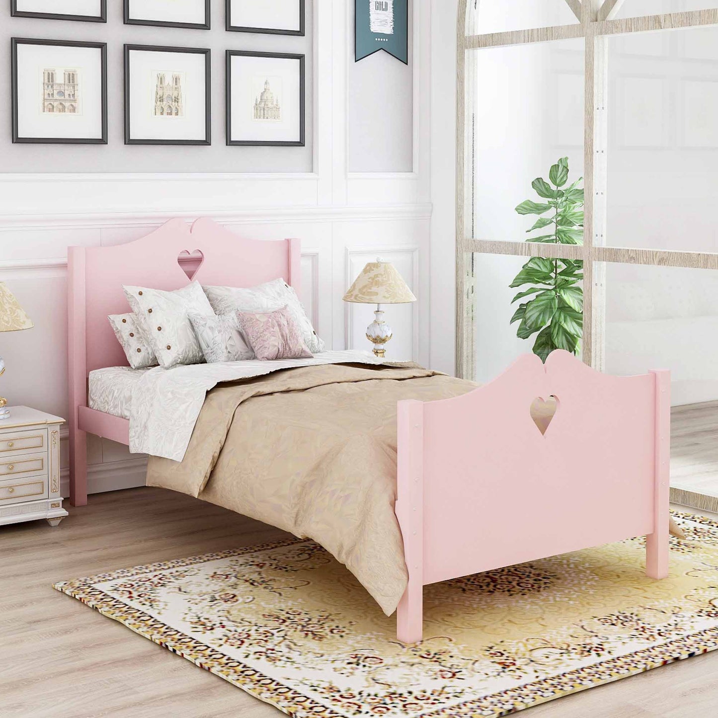 Twin Size Platform Bed With Headboard, Footboard And Slat Support - Pink