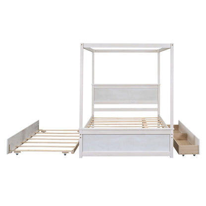 Full Size Canopy Platform Bed With Trundle Bed And 2 Drawers, Support Slats, No Box Spring Needed - Brushed White