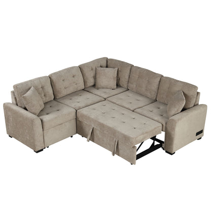 L-Shape Sofa Bed Pull-Out Sleeper Sofa With Wheels, USB Ports, Power Sockets For Living Room - Khaki