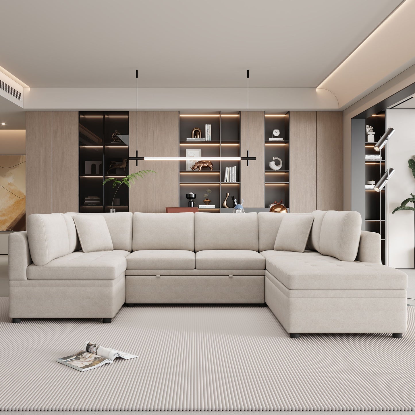Oversized Sectional Sofa U-Shaped Sofa Couch Pull-Out Sofa Bed With Two Throw Pillows For Living Room - Beige
