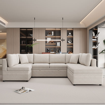 Oversized Sectional Sofa U-Shaped Sofa Couch Pull-Out Sofa Bed With Two Throw Pillows For Living Room - Beige
