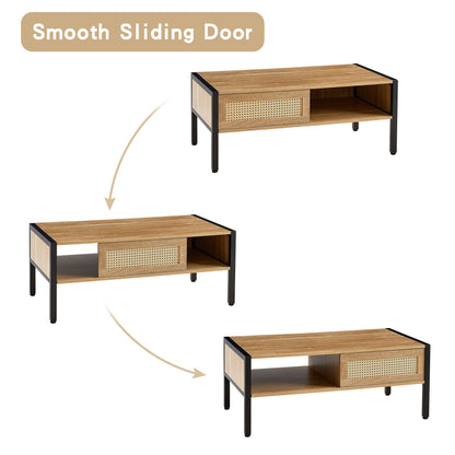 40.16" Rattan Coffee Table, Sliding Door For Storage, Metal Legs, Modern Table For Living Room - Natural