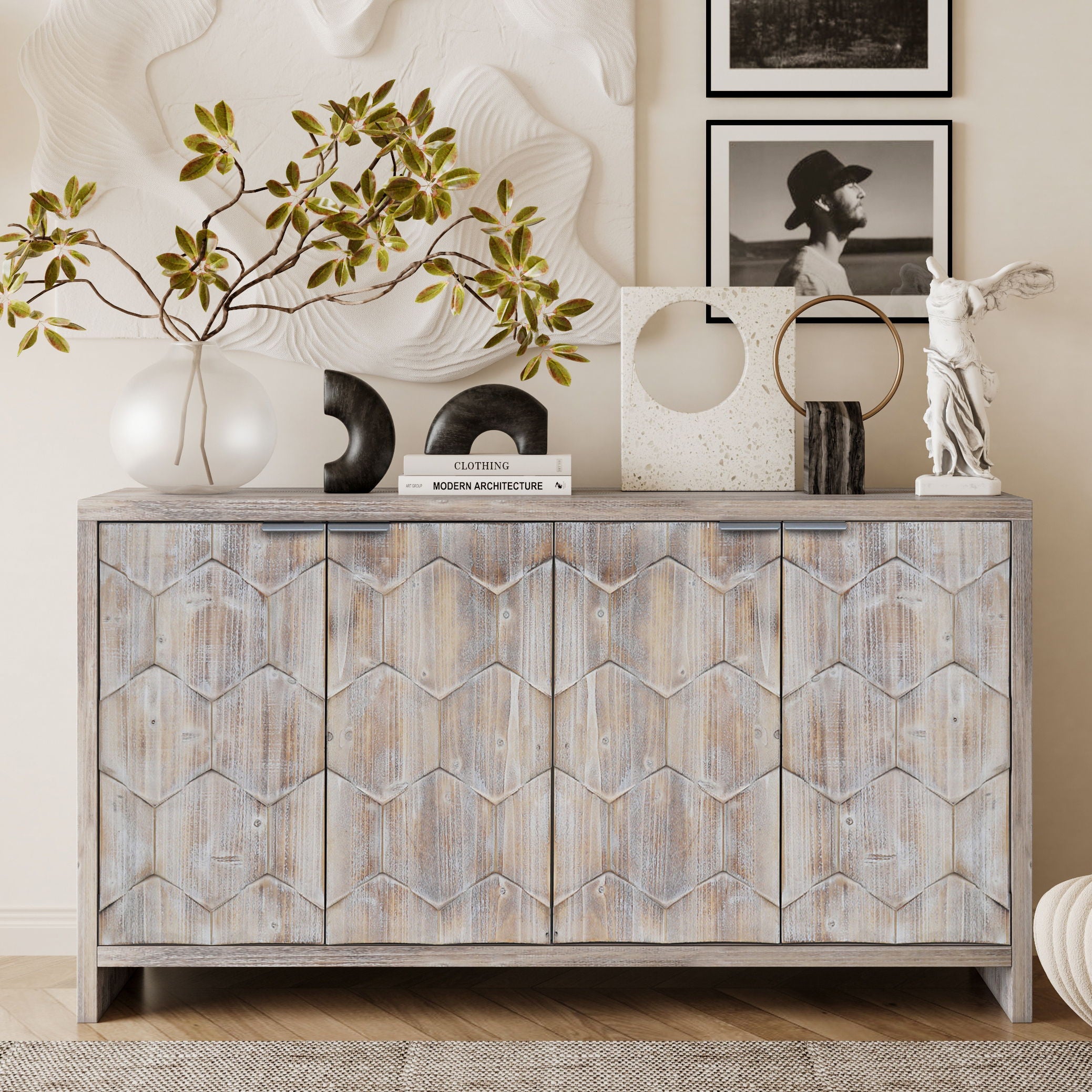 Accent Cabinet Farmhouse Style 4 Door Wooden Cabinet Sideboard Buffet Server Cabinet Storage Cabinet, For Living Room, Entryway, Hallway, Office, Kitchen And Dining Room - Natural Wood Wash