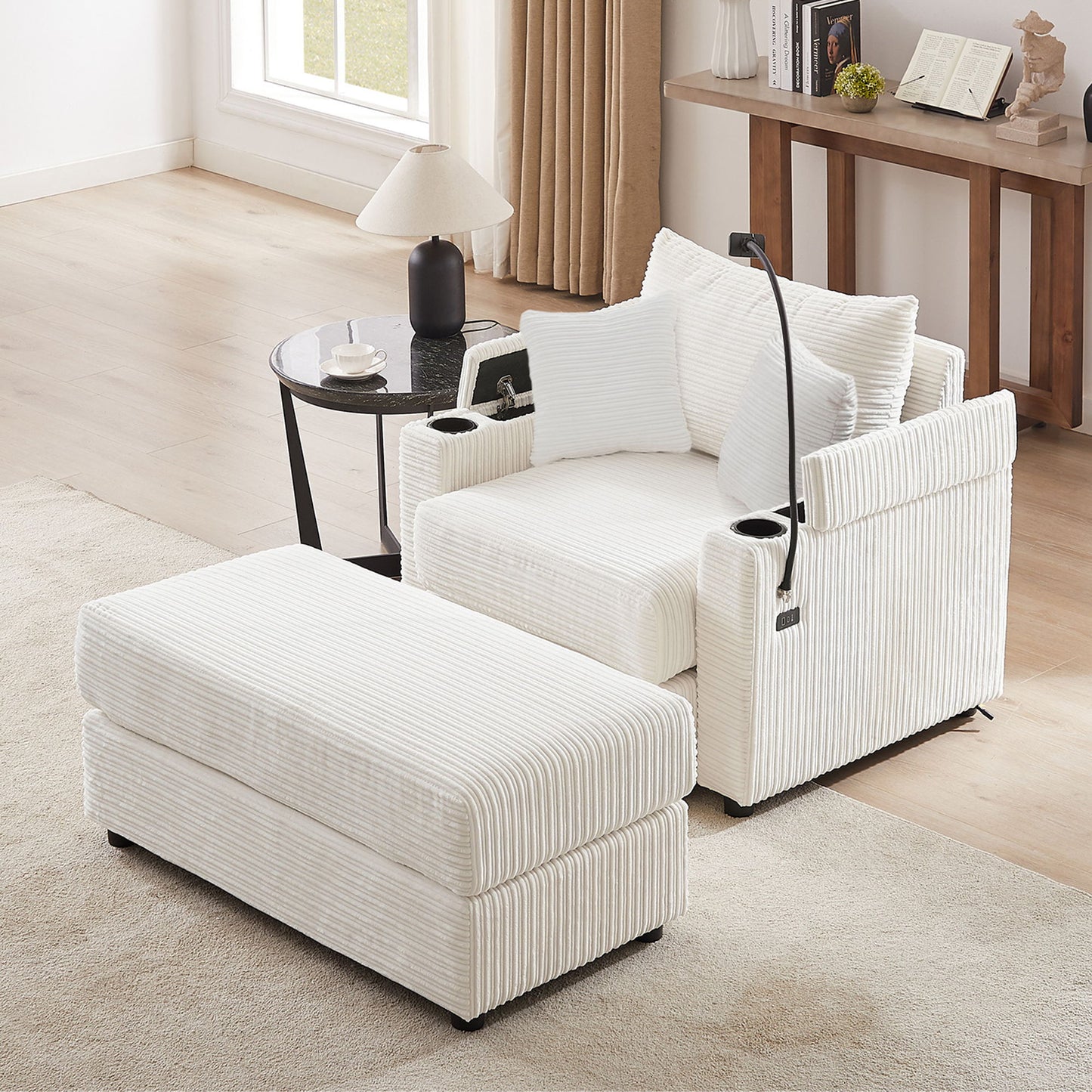 Modern Style Single Sofa Sofa Couch With Storage Space, A Movable Ottoman, Two USB Ports, Two Cup Holders, A Phone Holder For Living Room - Beige