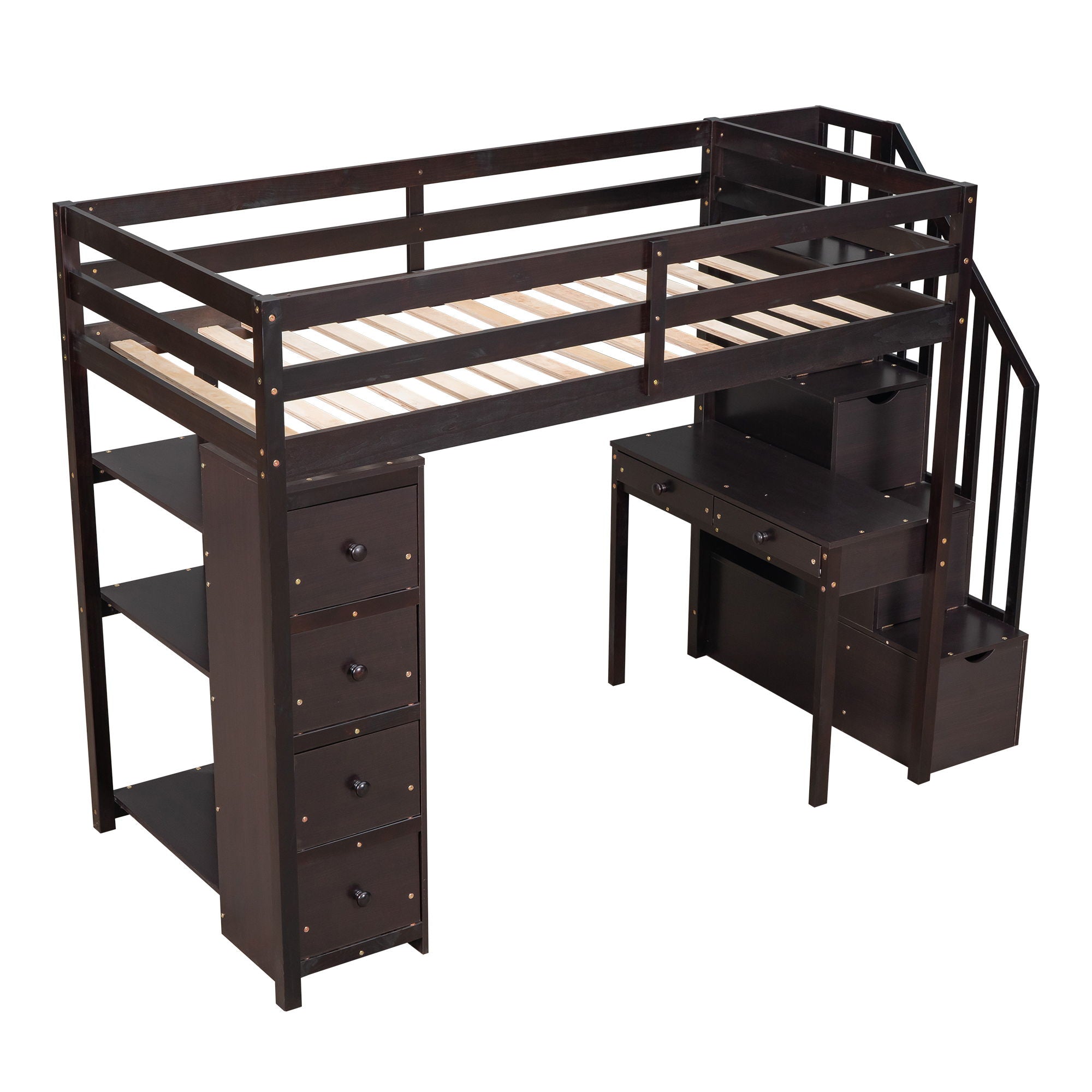 Twin Size Loft Bed With Storage Drawers, Desk And Stairs With Shelves - Espresso